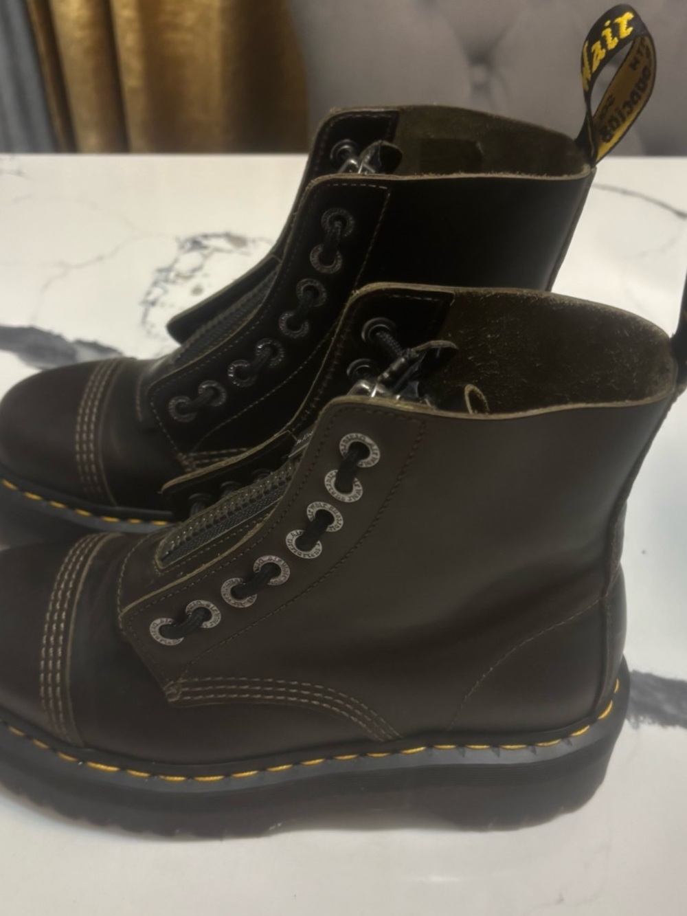 Dr. Martens Black Leather Front-Zip Lace-Up Boots with Yellow Stitching - Picture 2 of 7